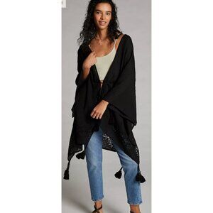 Anthropologie Black Eyelet Tassel Kimono Tie Closure One Size Lagenlook Beachy